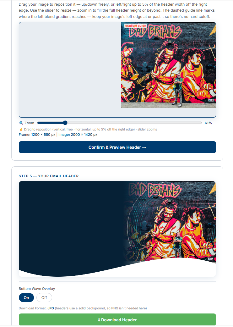 Branded Email Header Creator showing safe-area positioning and the completed branded header