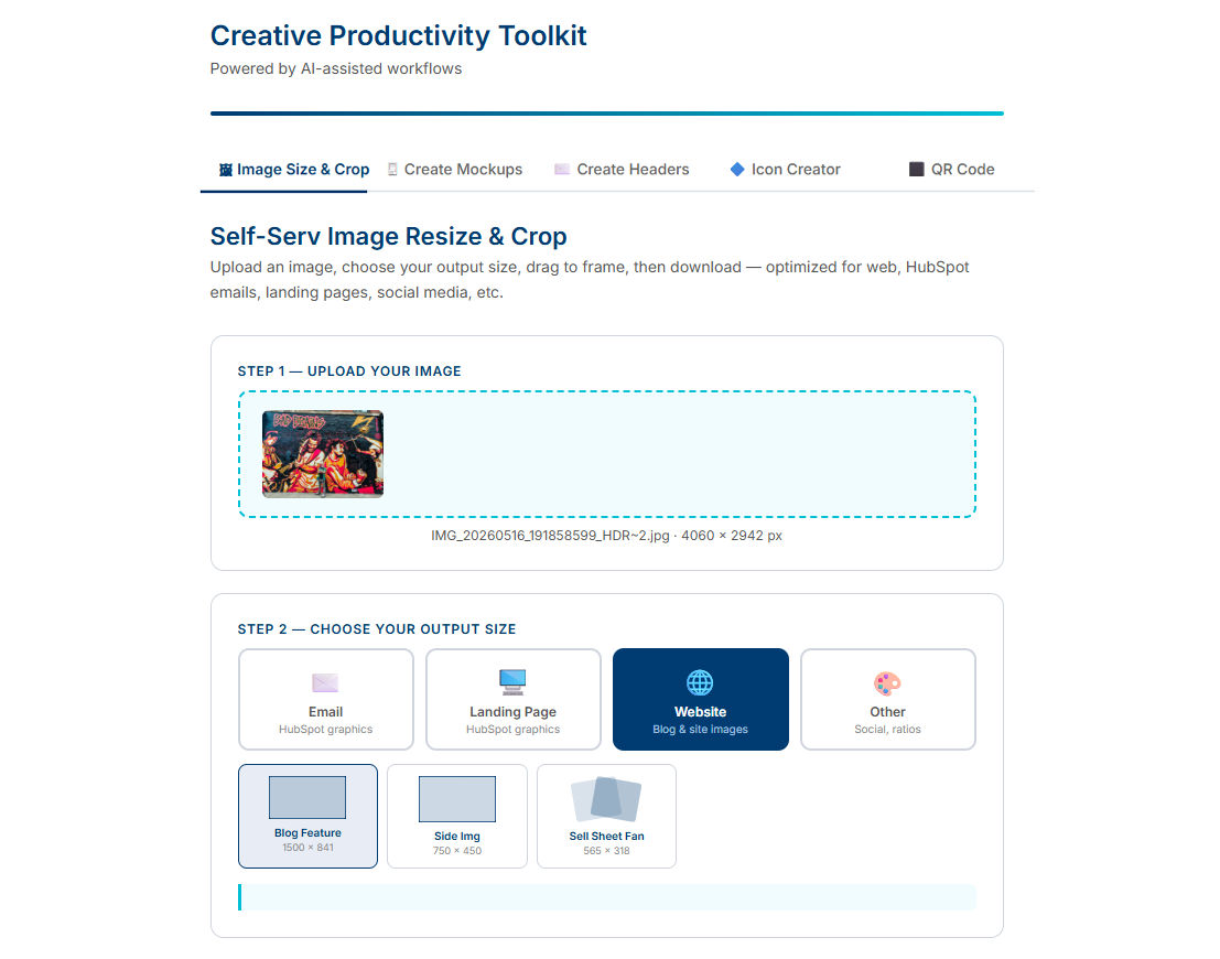 Image Size and Crop application interface