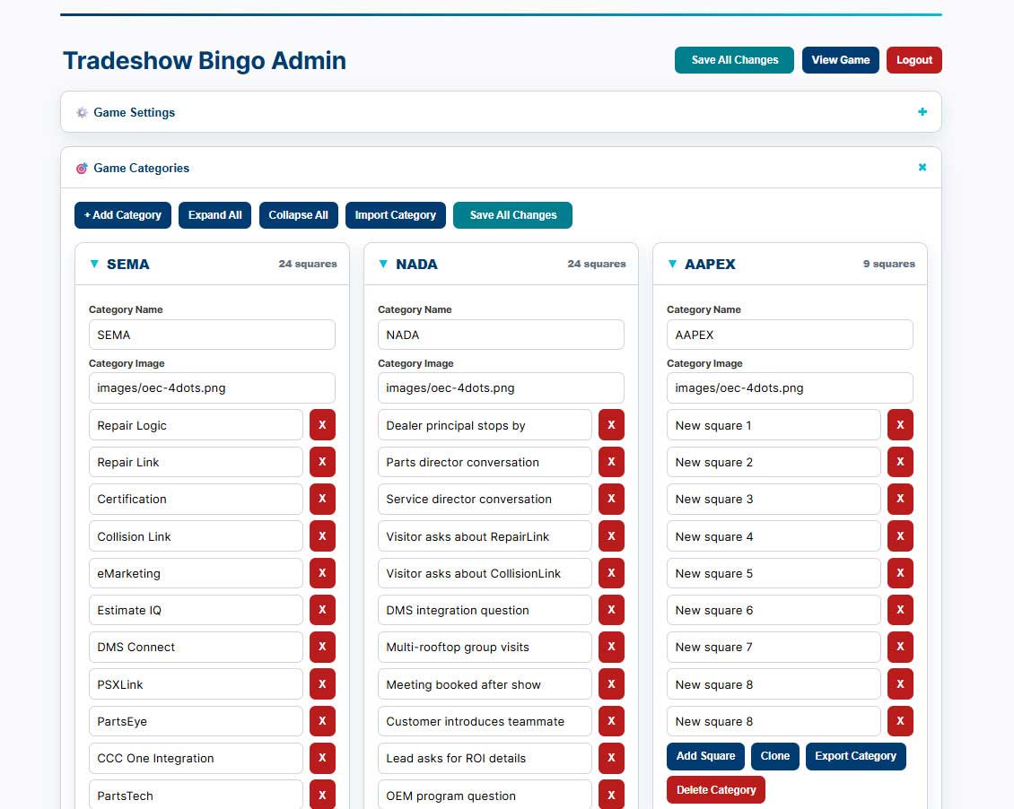 Event category management interface