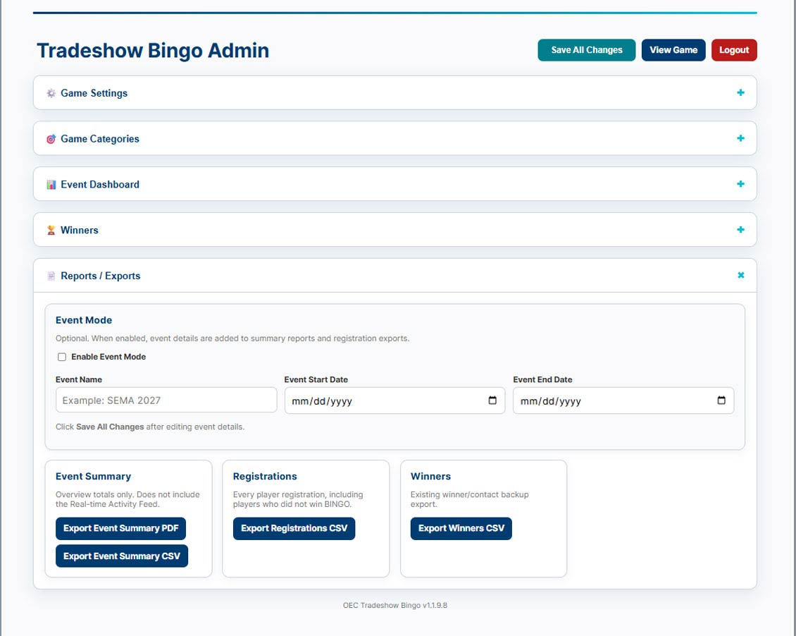Reporting interface with event summary, registration, and winner exports
