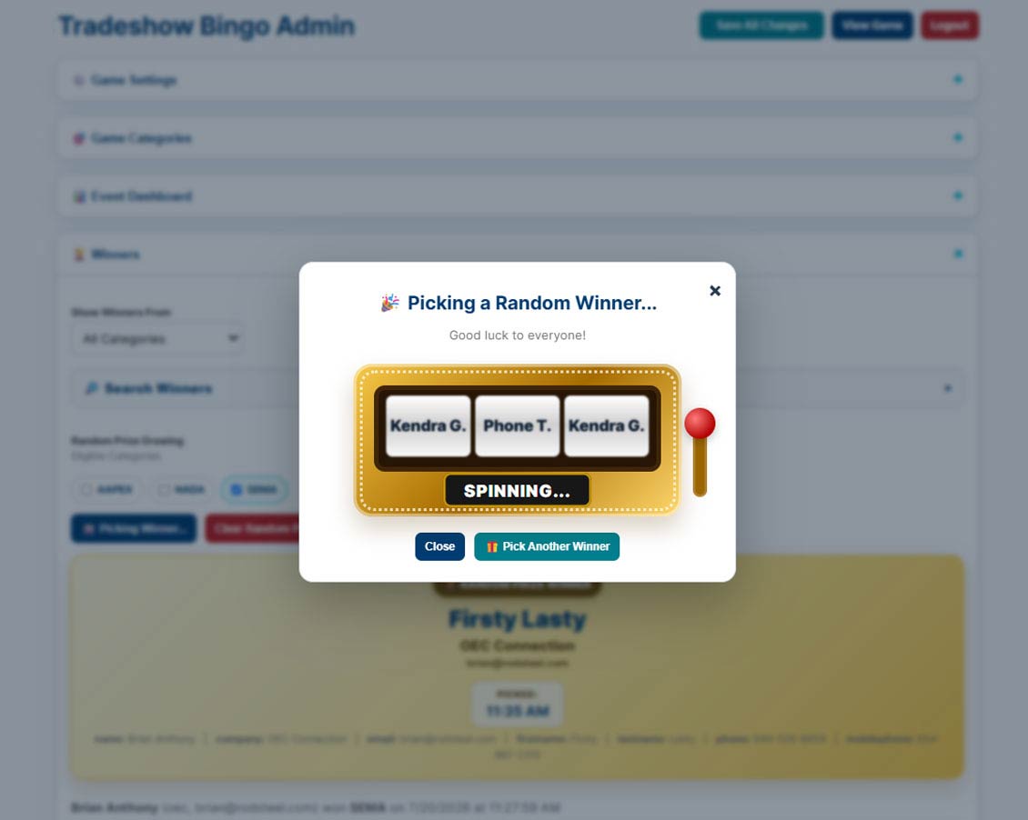 Random winner picker selecting an event participant